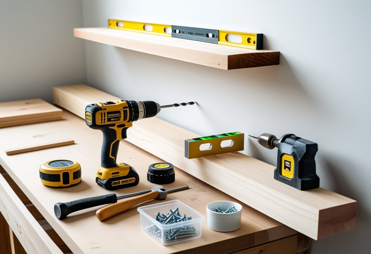 A workspace with essential tools like a drill, measuring tape, level, hammer, screws, and wood plank for building a floating shelf.