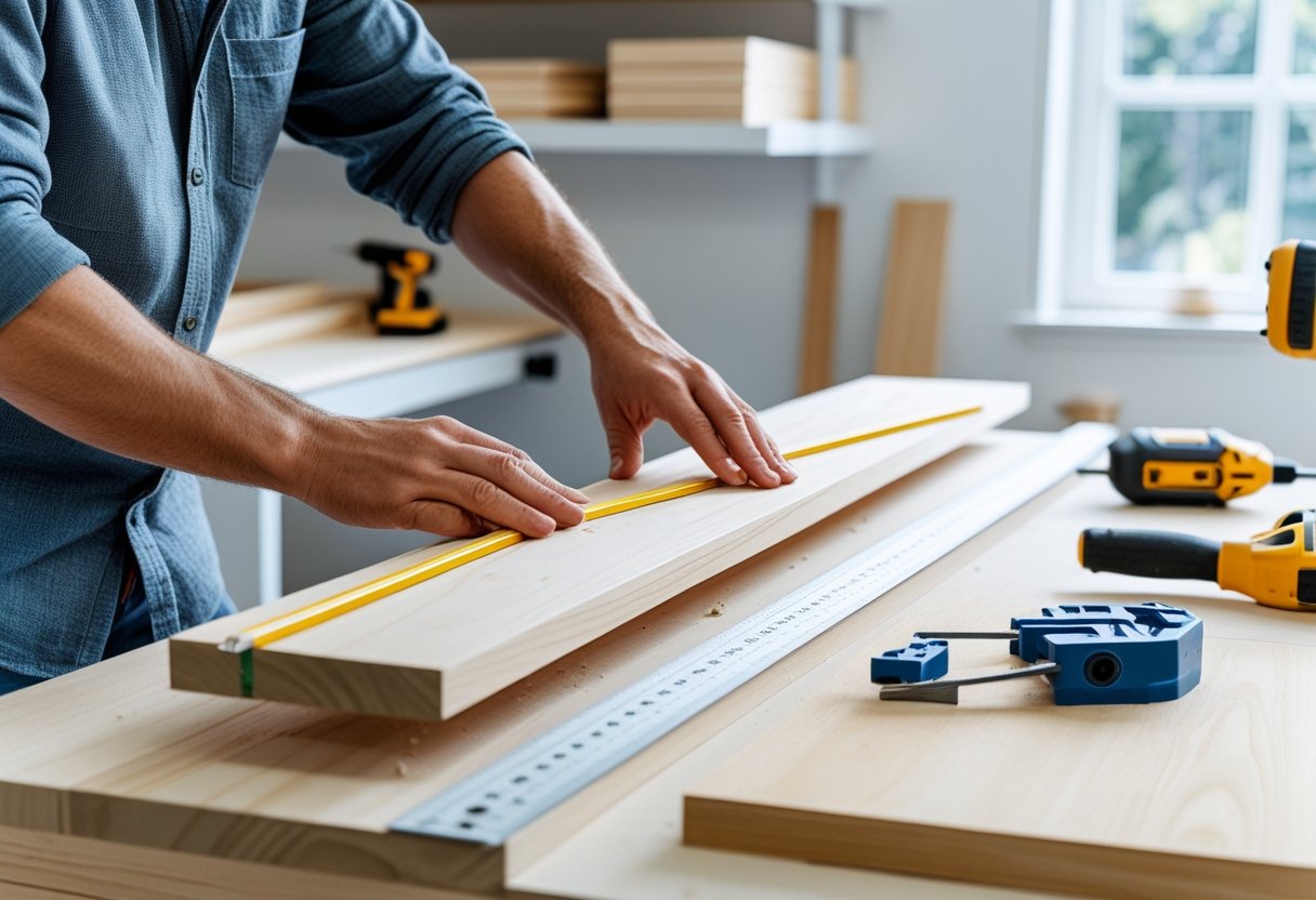 Person measuring and marking a wooden plank on a workbench with woodworking tools nearby.