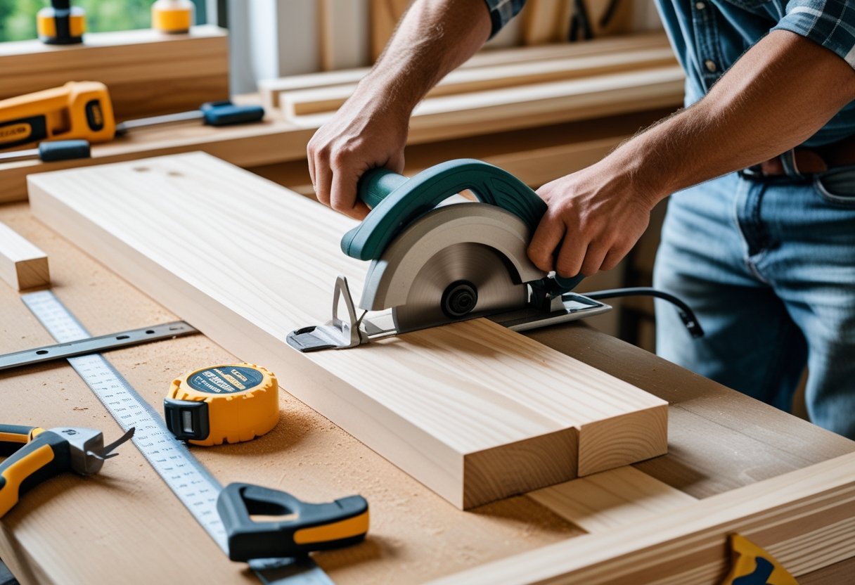 Person cutting wooden boards on a workbench to prepare pieces for a floating shelf.