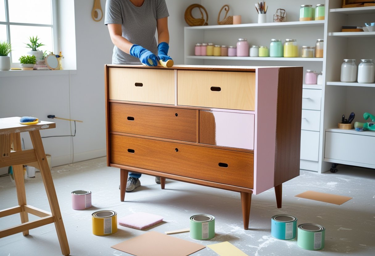 A person sanding a wooden dresser in a well-organized workshop surrounded by painting supplies and tools.