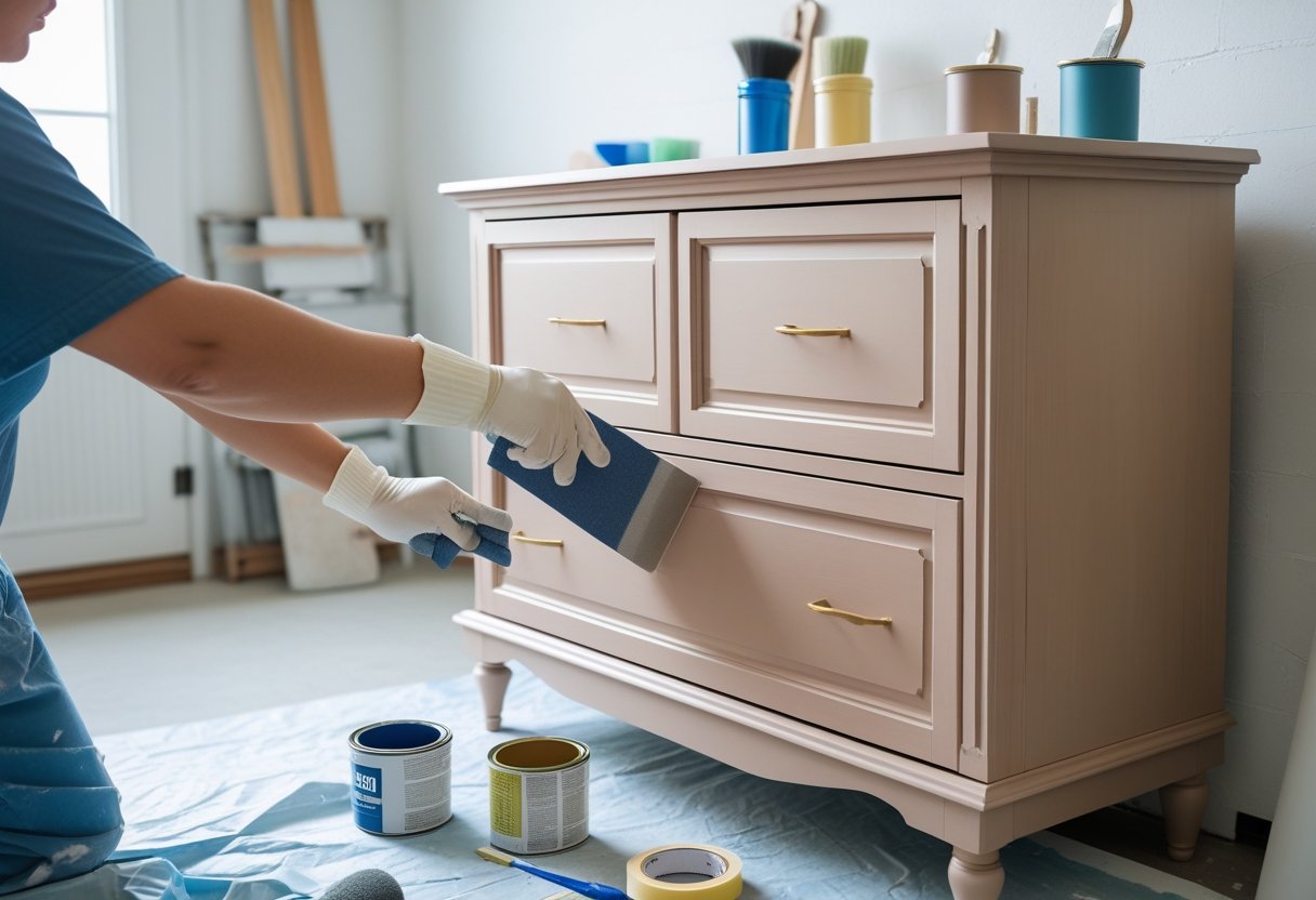 Hands sanding a wooden dresser in a bright workshop with painting supplies nearby, preparing it for a paint makeover.