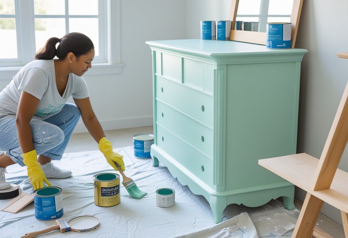 Person painting a wooden dresser in a bright room with painting tools and supplies around.