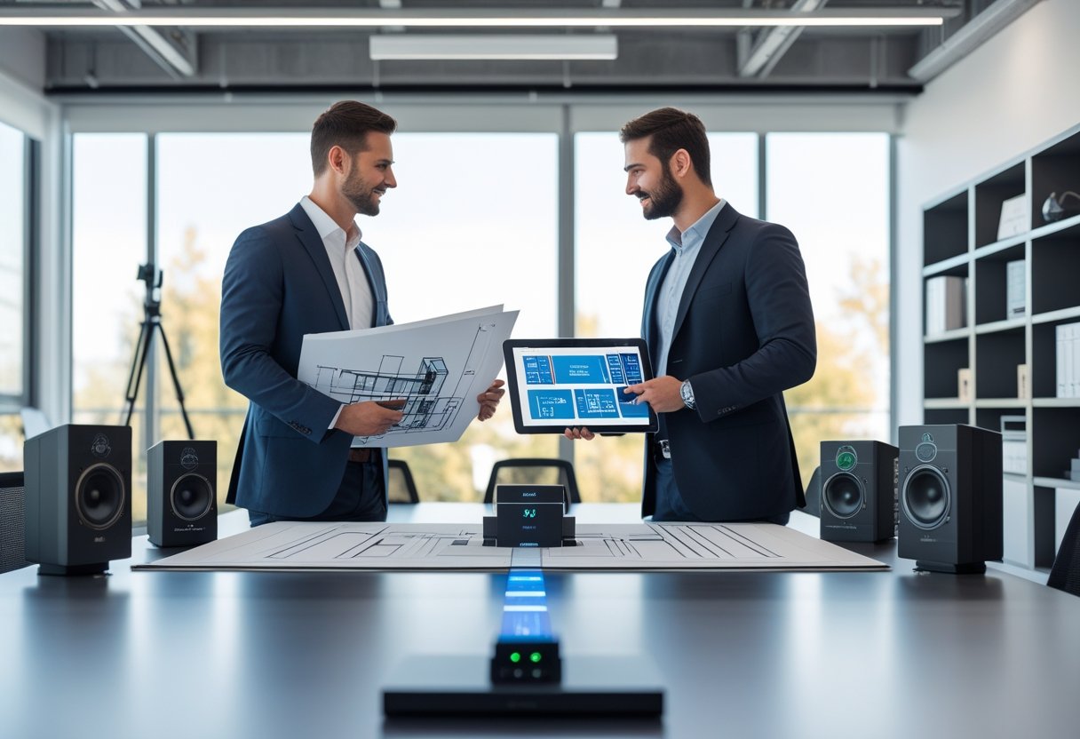Dua profesional sedang berdiskusi di ruang kantor modern dengan cetak biru arsitektur dan tablet di atas meja konferensi.