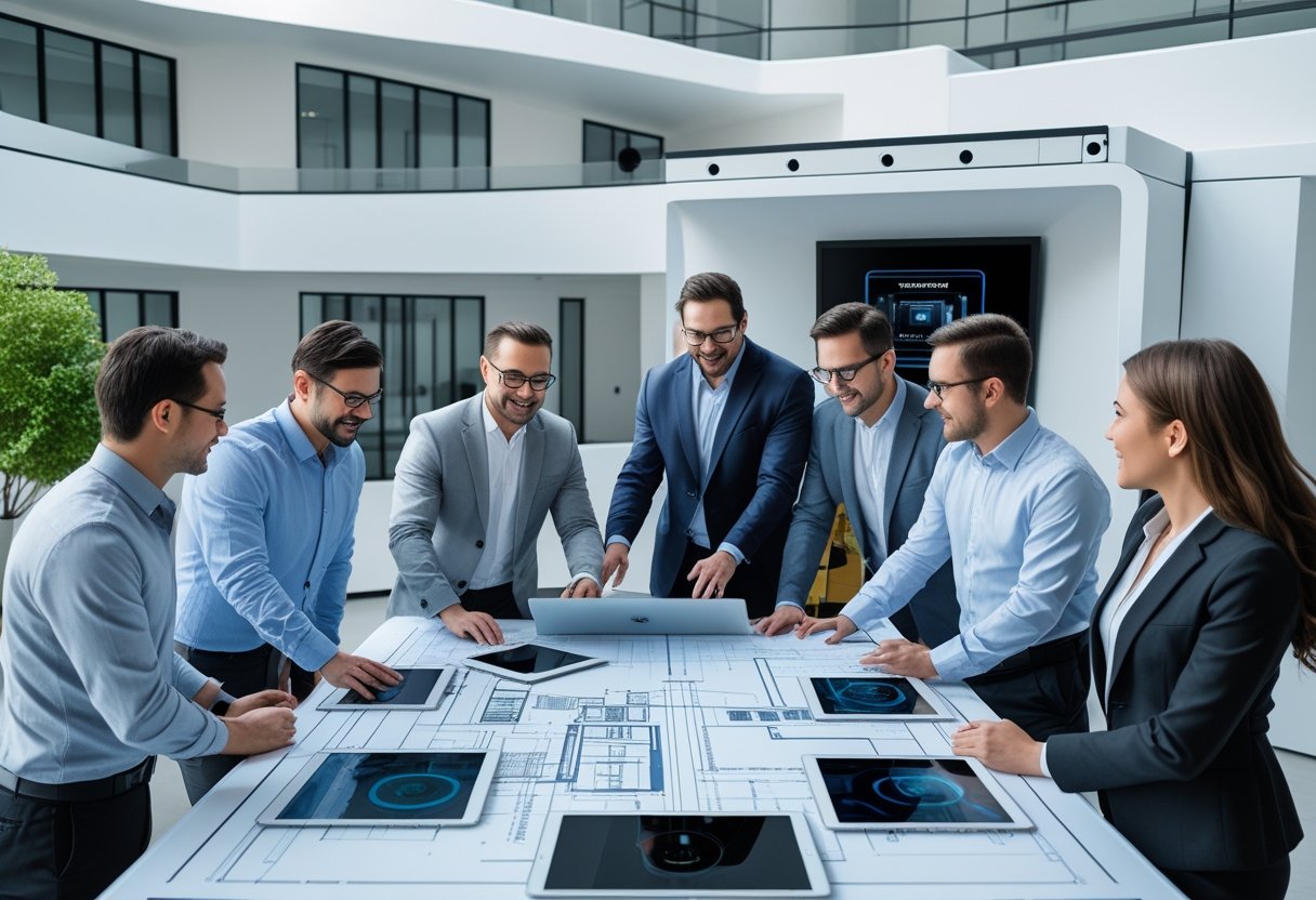Sekelompok profesional sedang bekerja sama di ruang kerja modern dengan alat teknologi audiovisual dan model bangunan, menunjukkan kolaborasi antara arsitek dan ahli sistem audiovisual.