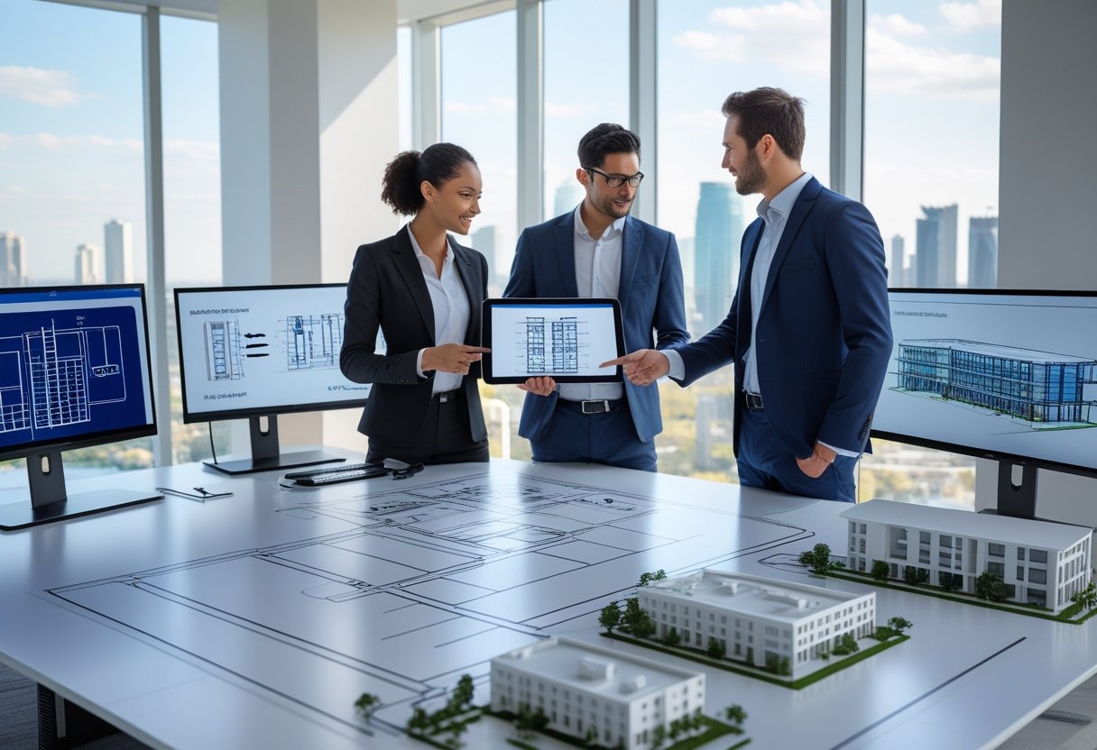 Seorang konsultan AV dan arsitek sedang berdiskusi di kantor dengan denah bangunan dan perangkat teknologi di sekitar mereka.