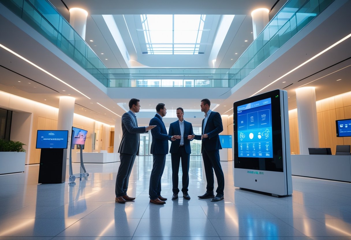 Pertemuan profesional antara integrator sistem audio visual dan arsitek di dalam gedung modern dengan teknologi canggih yang terintegrasi.