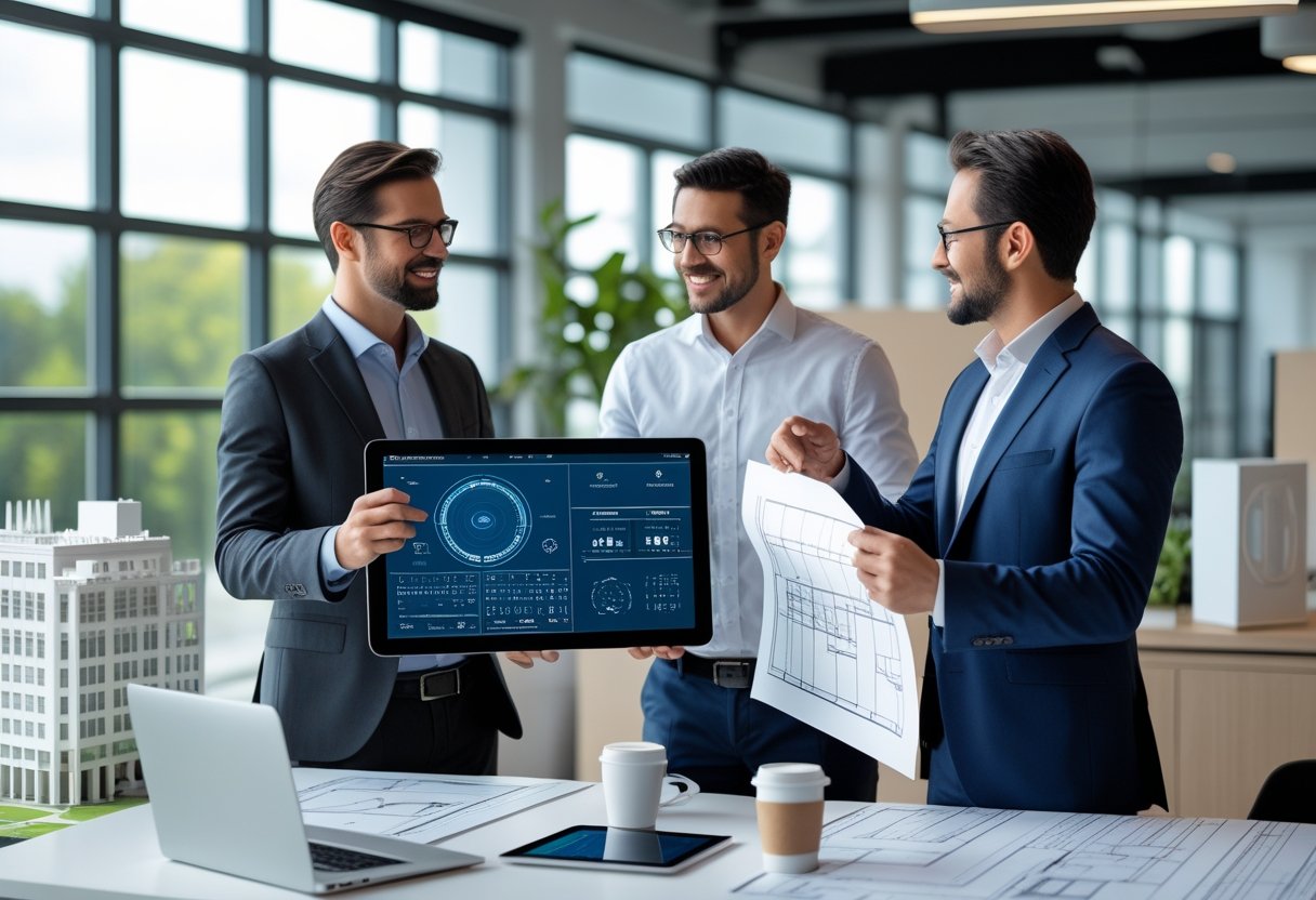 Dua profesional sedang berdiskusi di kantor modern dengan perangkat teknologi dan cetak biru di meja.