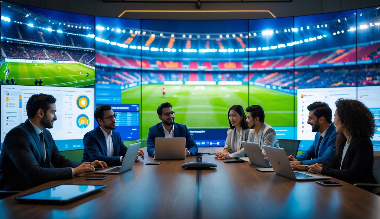Suasana kantor analisis pertandingan bola internasional dengan beberapa analis yang sedang berdiskusi di depan layar besar yang menampilkan grafik dan pertandingan sepak bola langsung.