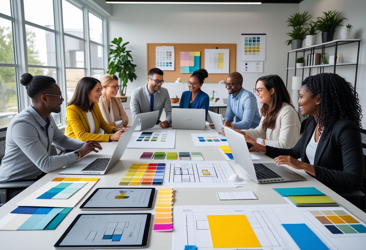 Beberapa desainer interior sedang berdiskusi dan bekerja bersama di ruang kerja yang terang dan modern dengan berbagai alat desain di atas meja.