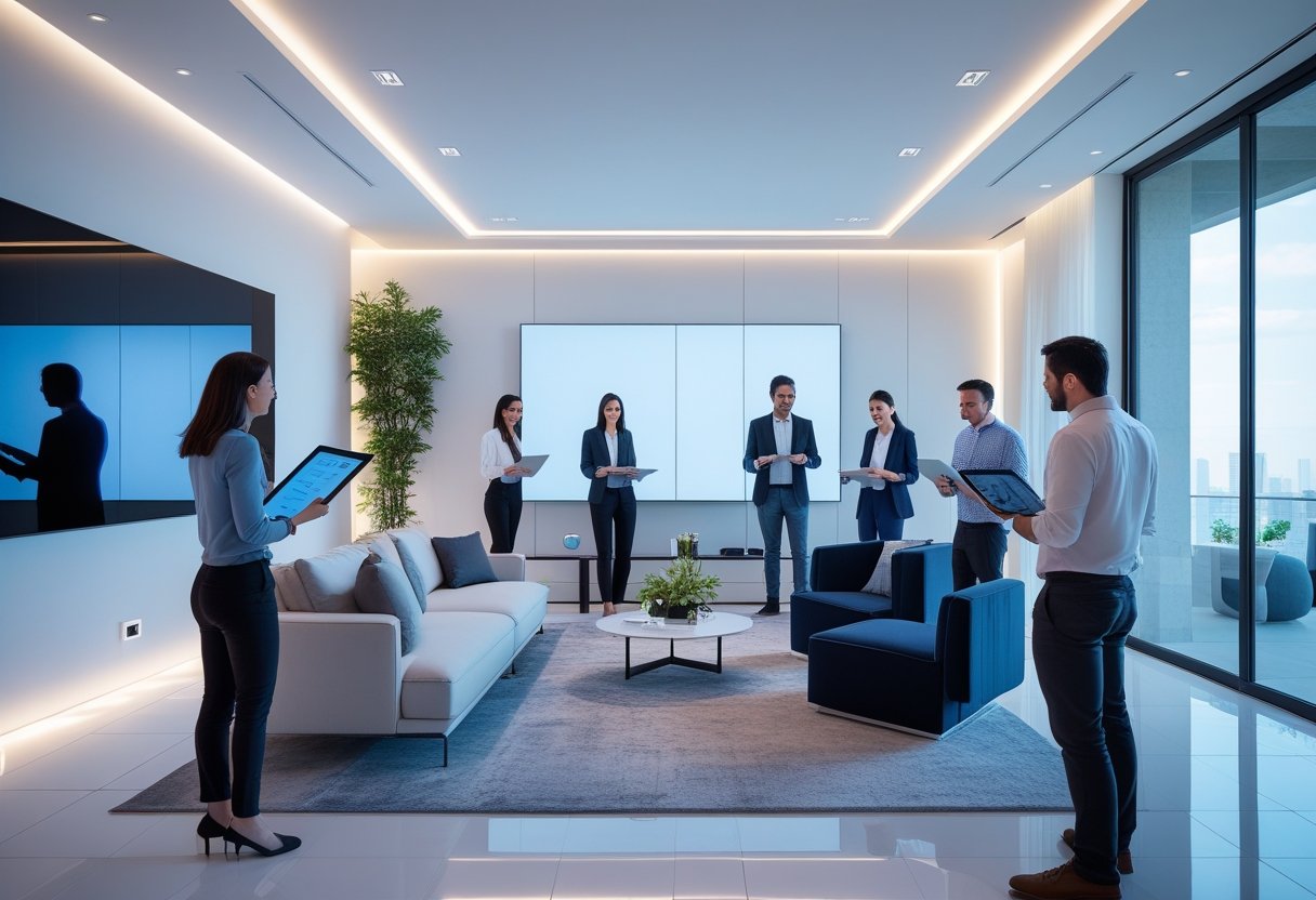 Ruang interior modern dengan teknologi audiovisual terintegrasi dan beberapa orang sedang berdiskusi bersama.