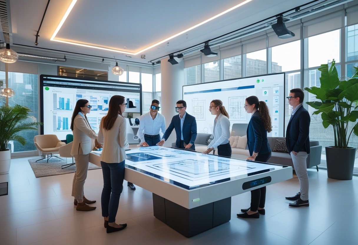 Sekelompok desainer interior sedang bekerja bersama di studio dengan teknologi canggih seperti layar sentuh digital dan perangkat holografik.