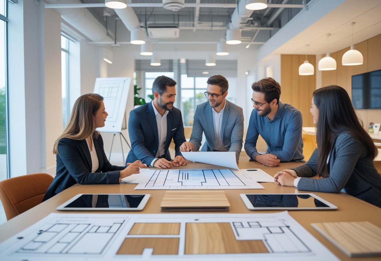 Seorang desainer interior berdiskusi dengan klien di ruang kantor modern yang terang dan rapi, dengan alat desain dan contoh bahan di atas meja.
