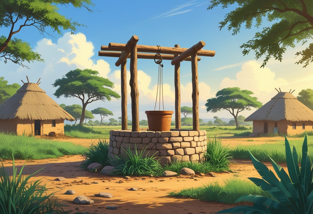 Un puits africain traditionnel en pierre et bois dans un village rural avec des plantes et des huttes en arrière-plan.