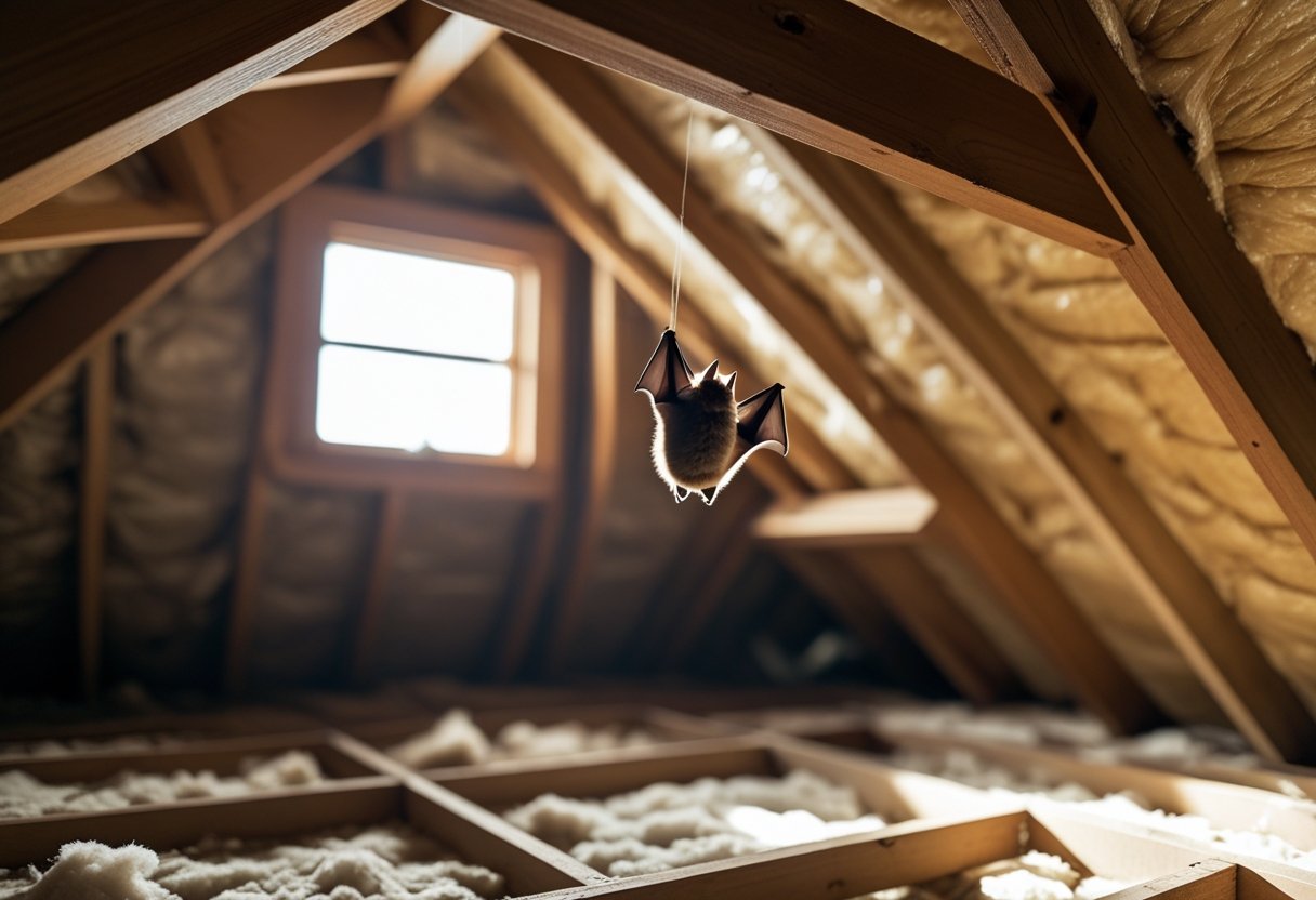 Et loft med synlige trebjelker og isolasjon, med en liten flaggermus som henger opp ned fra en bjelke.