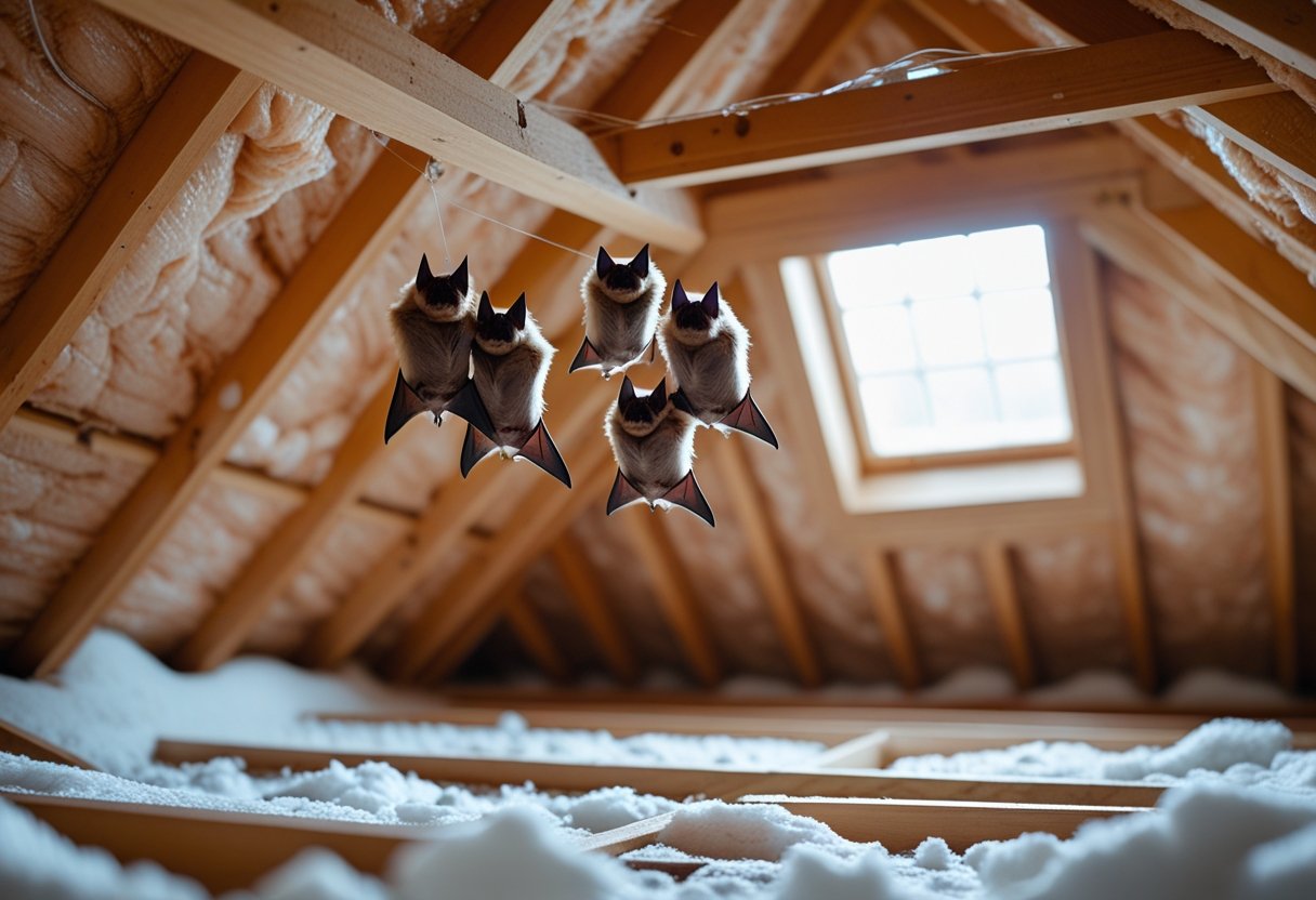 Flaggermus henger fra bjelker i et loft med synlige trebjelker og naturlig lys.