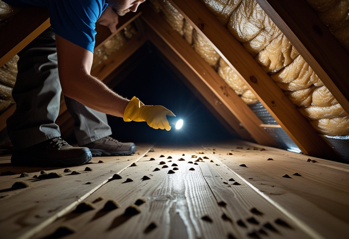 En person inspiserer et loft med trebjelker og isolasjon, og ser etter tegn på flaggermus.
