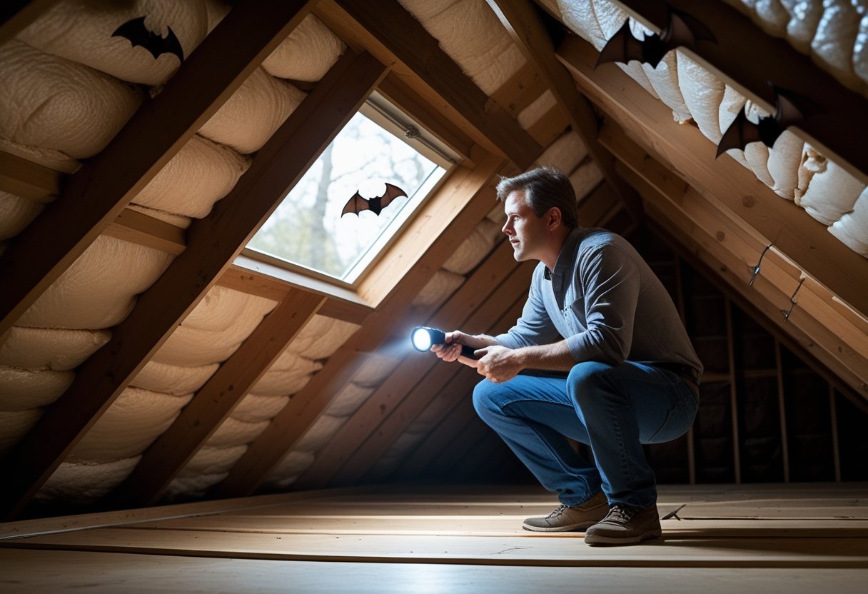 En person inspiserer et loft med synlige flaggermus som henger fra takbjelkene.