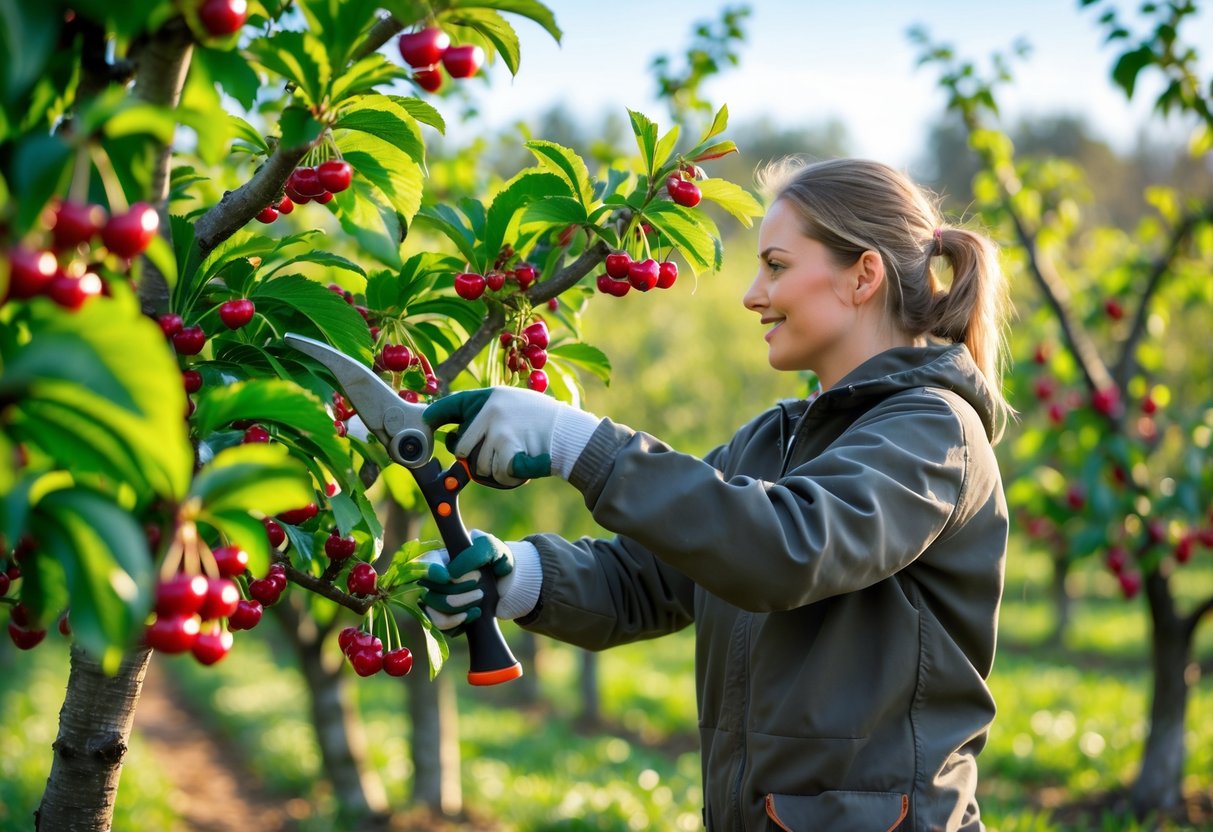 A person trimming branches of cherry trees in an orchard with ripe cherries and green leaves.