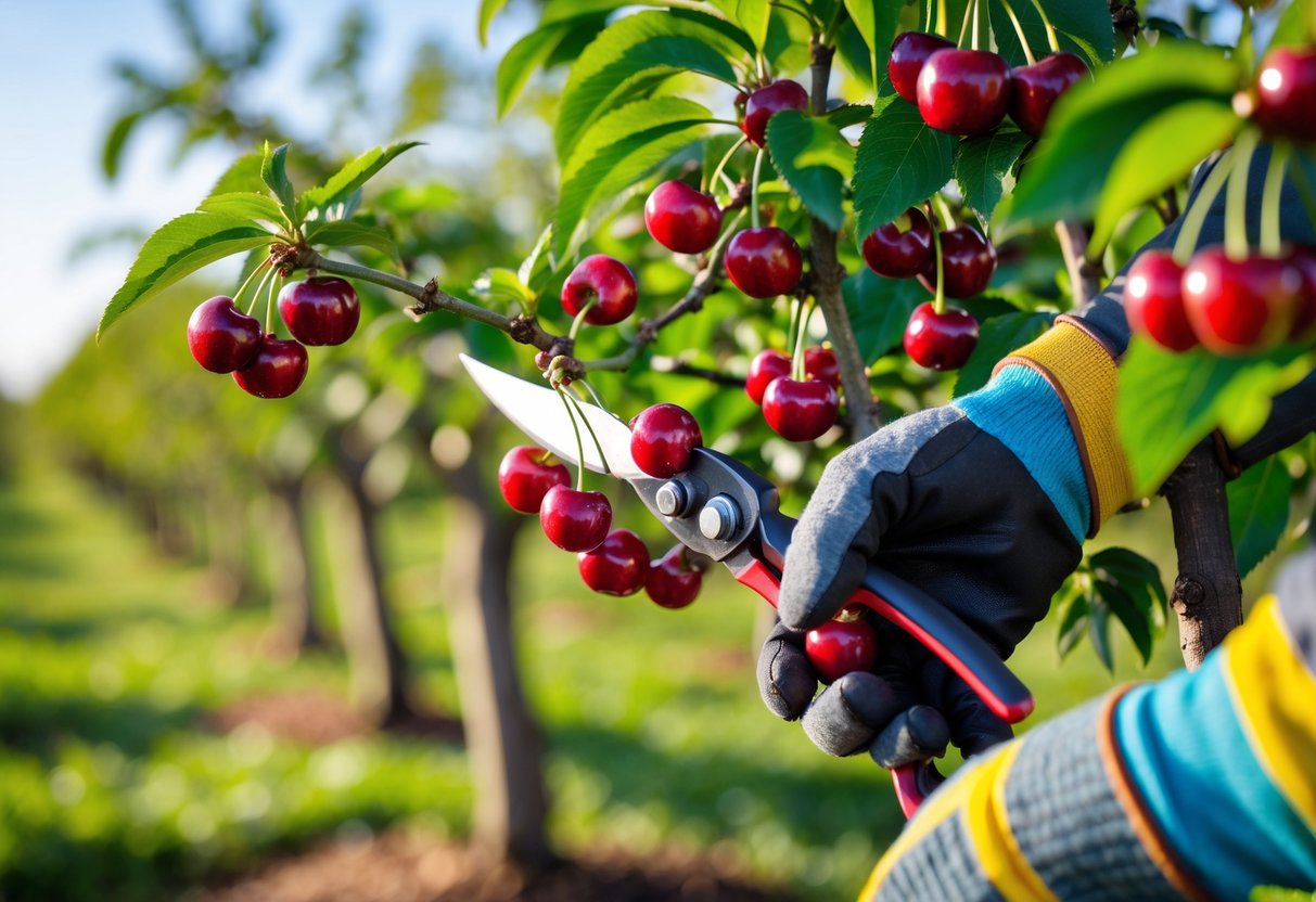 Person trimming branches from a cherry tree in an orchard with ripe cherries and green leaves.
