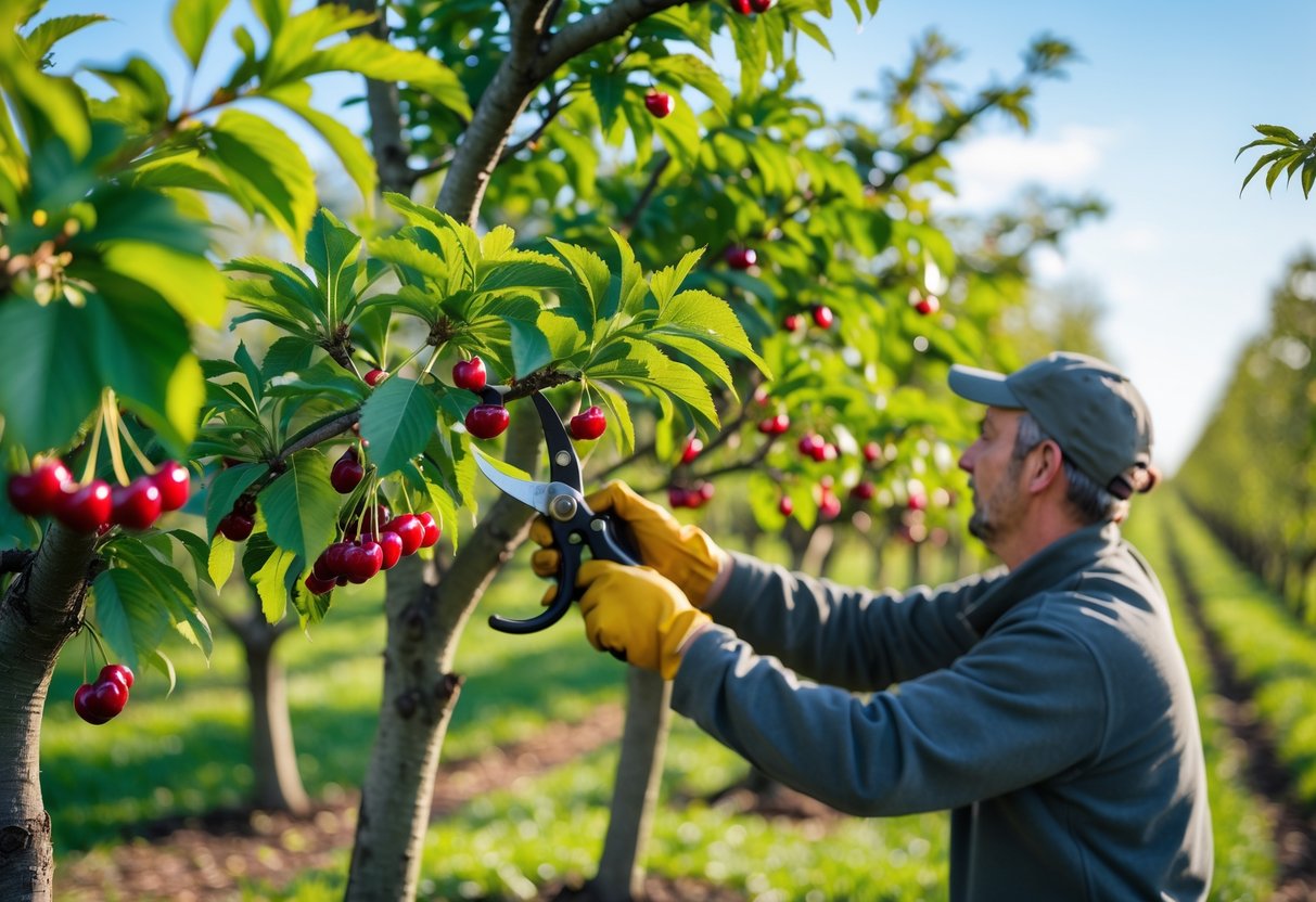 A person pruning branches on a cherry tree in a sunny orchard with ripe cherries and green leaves.