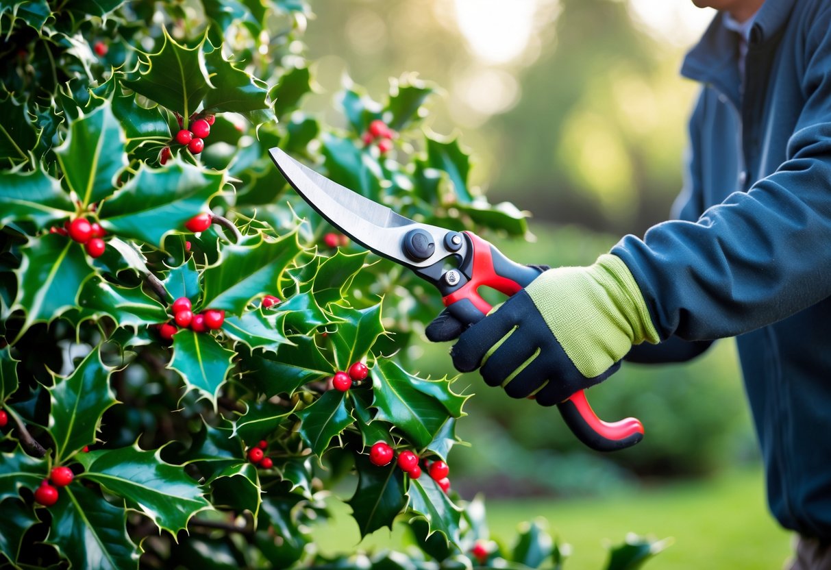 A person wearing gloves preparing to trim a holly tree with pruning shears among green leaves and red berries.