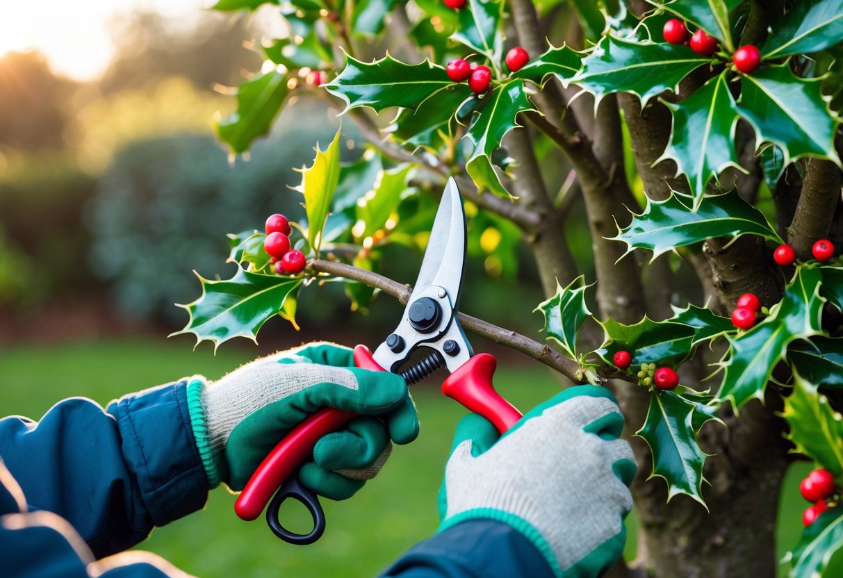 A person trimming branches of a holly tree with pruning shears in a garden.