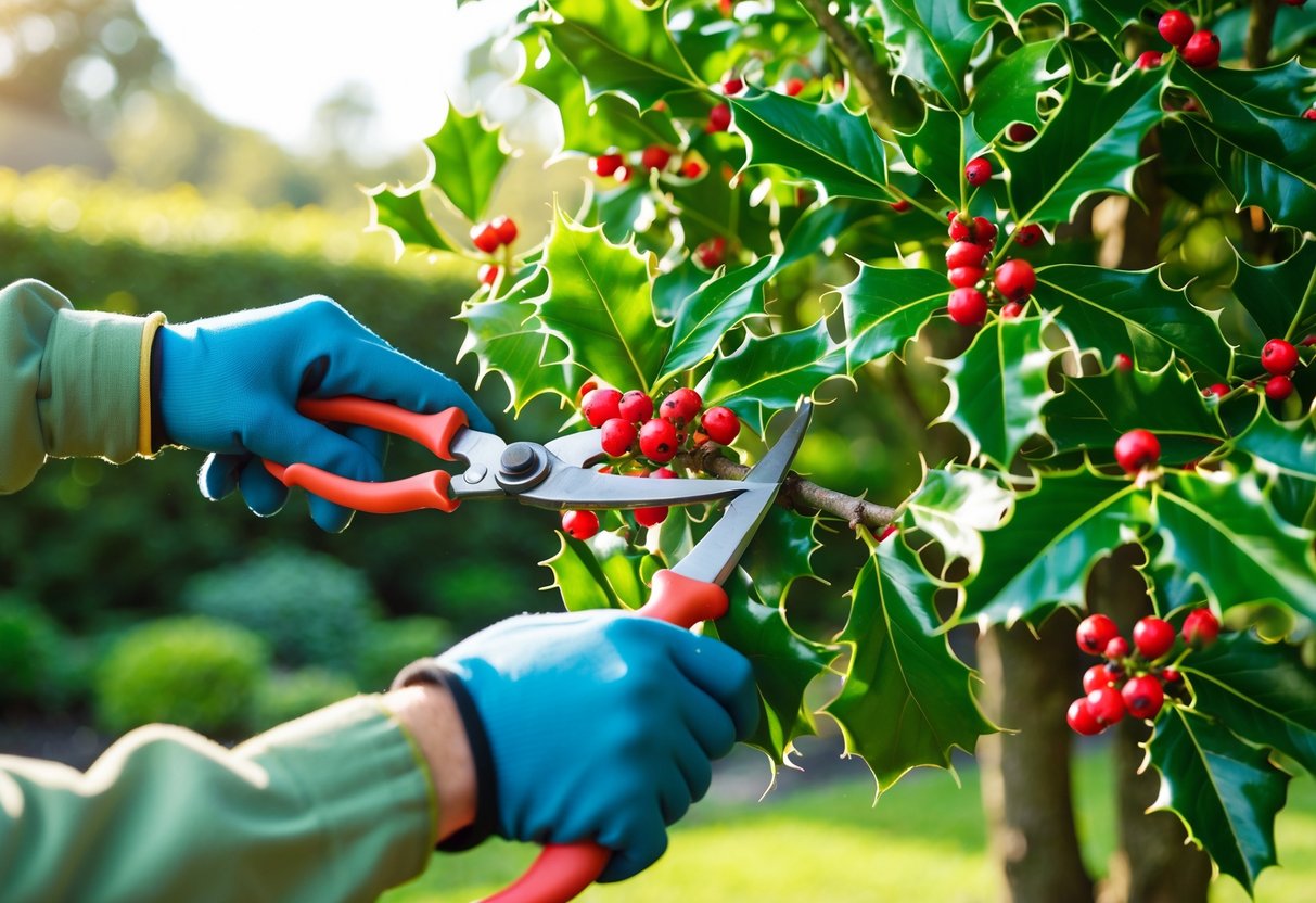 Person trimming branches from a holly tree with pruning shears in a garden.