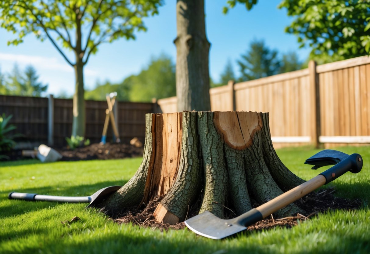 A freshly cut tree stump surrounded by grass with gardening tools nearby in a backyard.