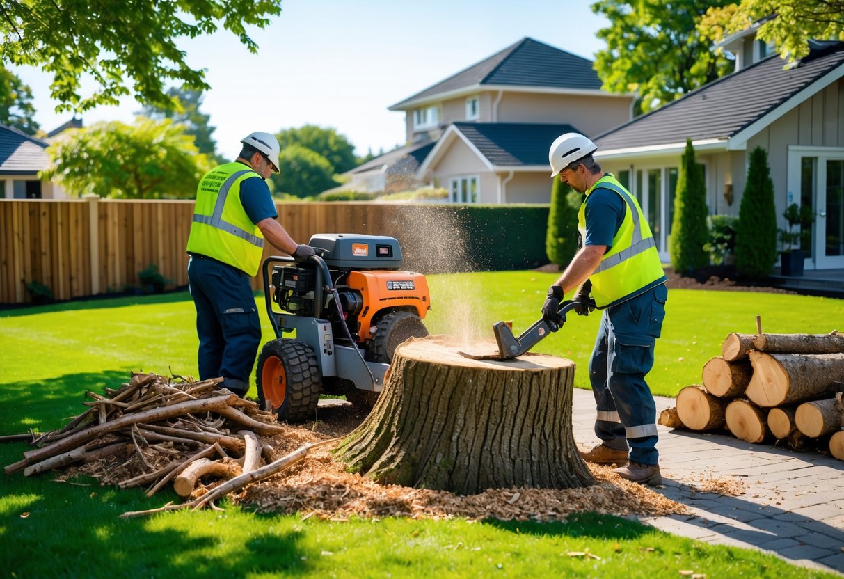 Two workers removing a large tree stump in a backyard using stump grinding equipment with cut branches and logs nearby.