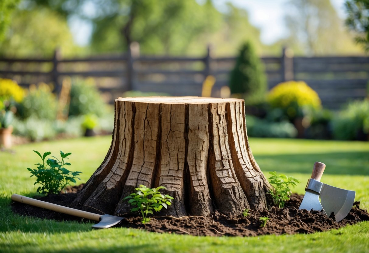 A freshly cut tree stump in a backyard with gardening tools nearby and green grass surrounding it.