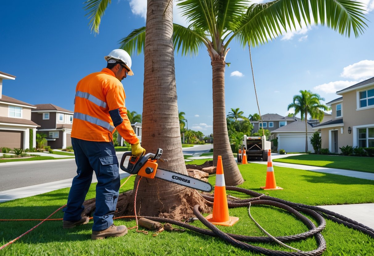 A worker in safety gear cutting down a tall palm tree outdoors with equipment nearby and houses in the background.