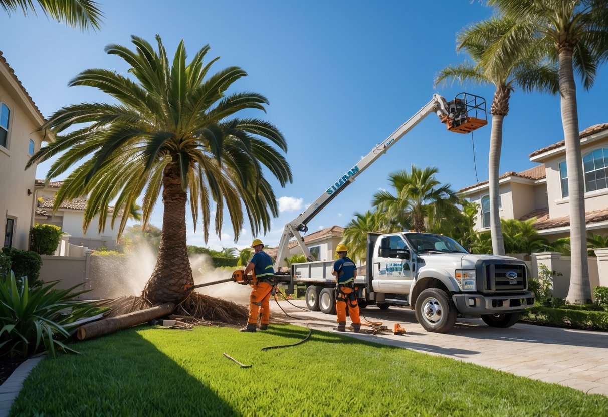 Workers removing a large palm tree in a residential backyard using chainsaws and a crane on a sunny day.