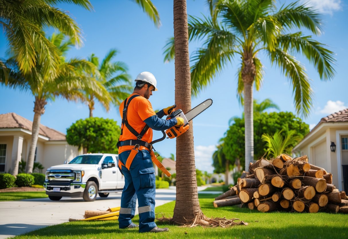 A worker wearing safety gear cutting down a tall palm tree in a suburban yard with a truck and stacked palm fronds nearby under a clear blue sky.