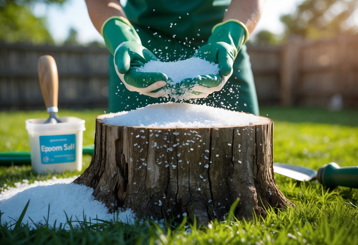 Hands wearing gloves sprinkling Epsom salt onto a tree stump outdoors with gardening tools nearby.