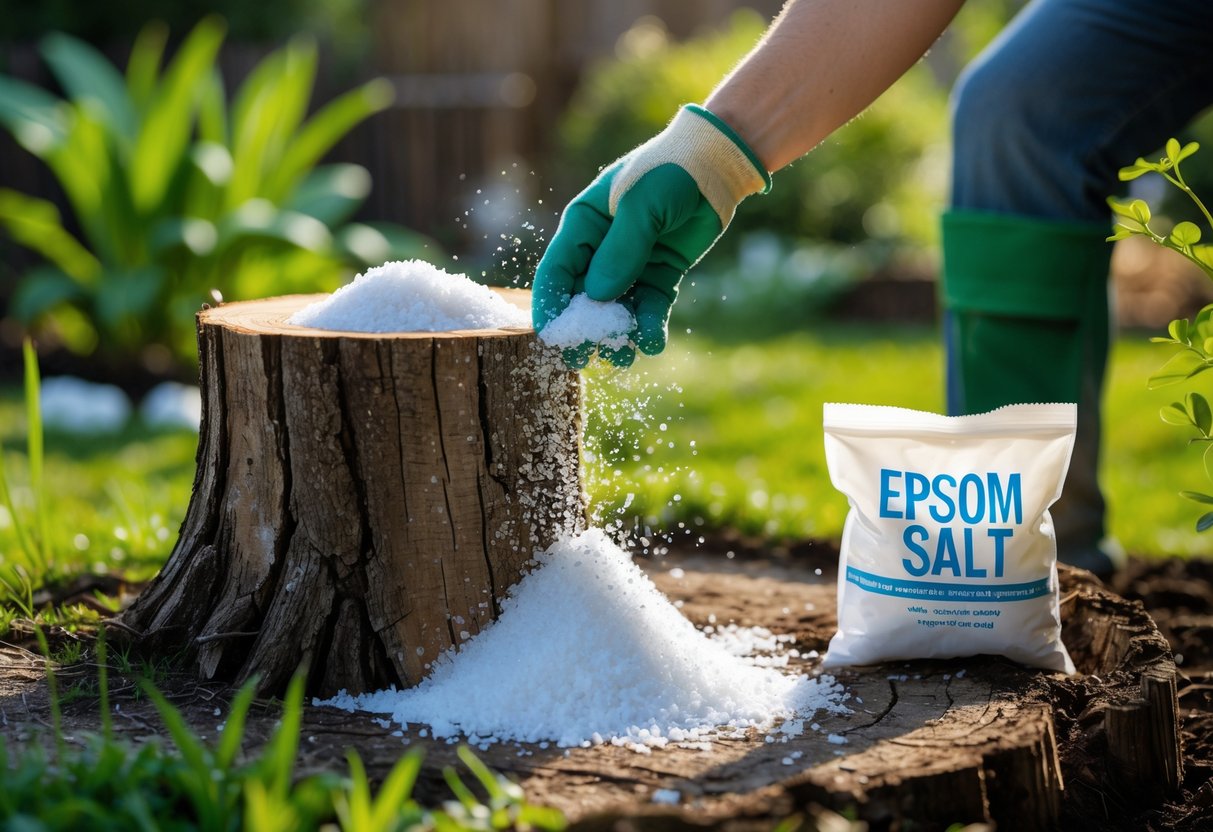 A person sprinkling Epsom salt onto a tree stump in a garden setting.