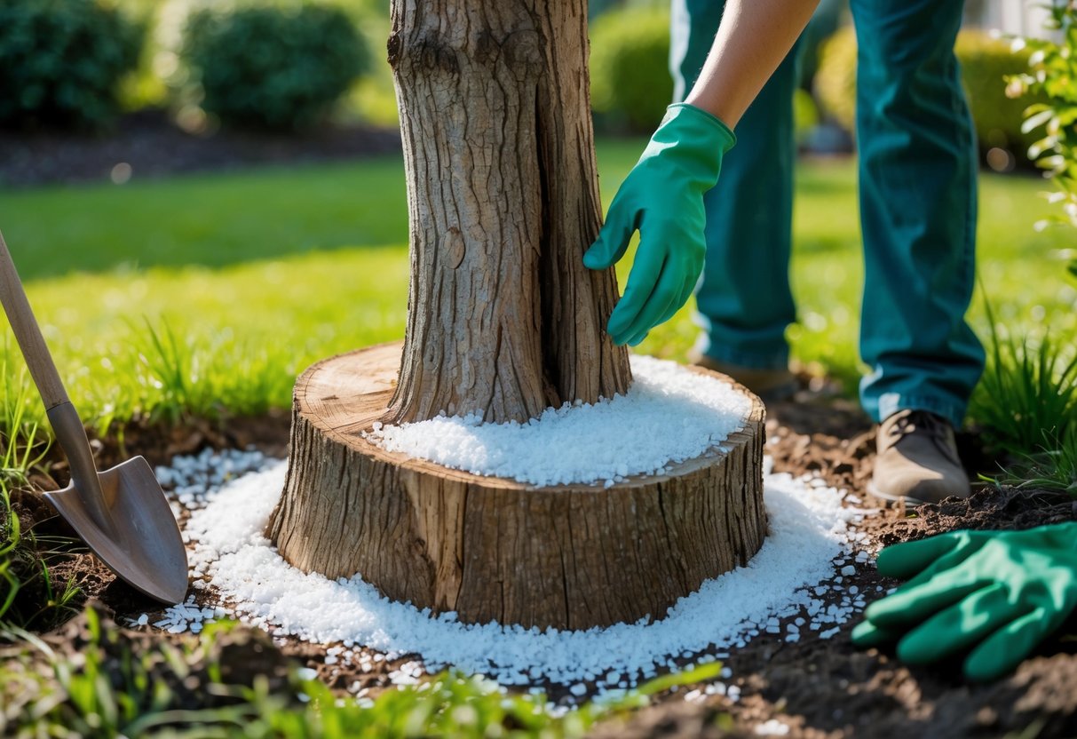 A person sprinkling Epsom salt around a tree stump in a garden with gardening tools nearby.