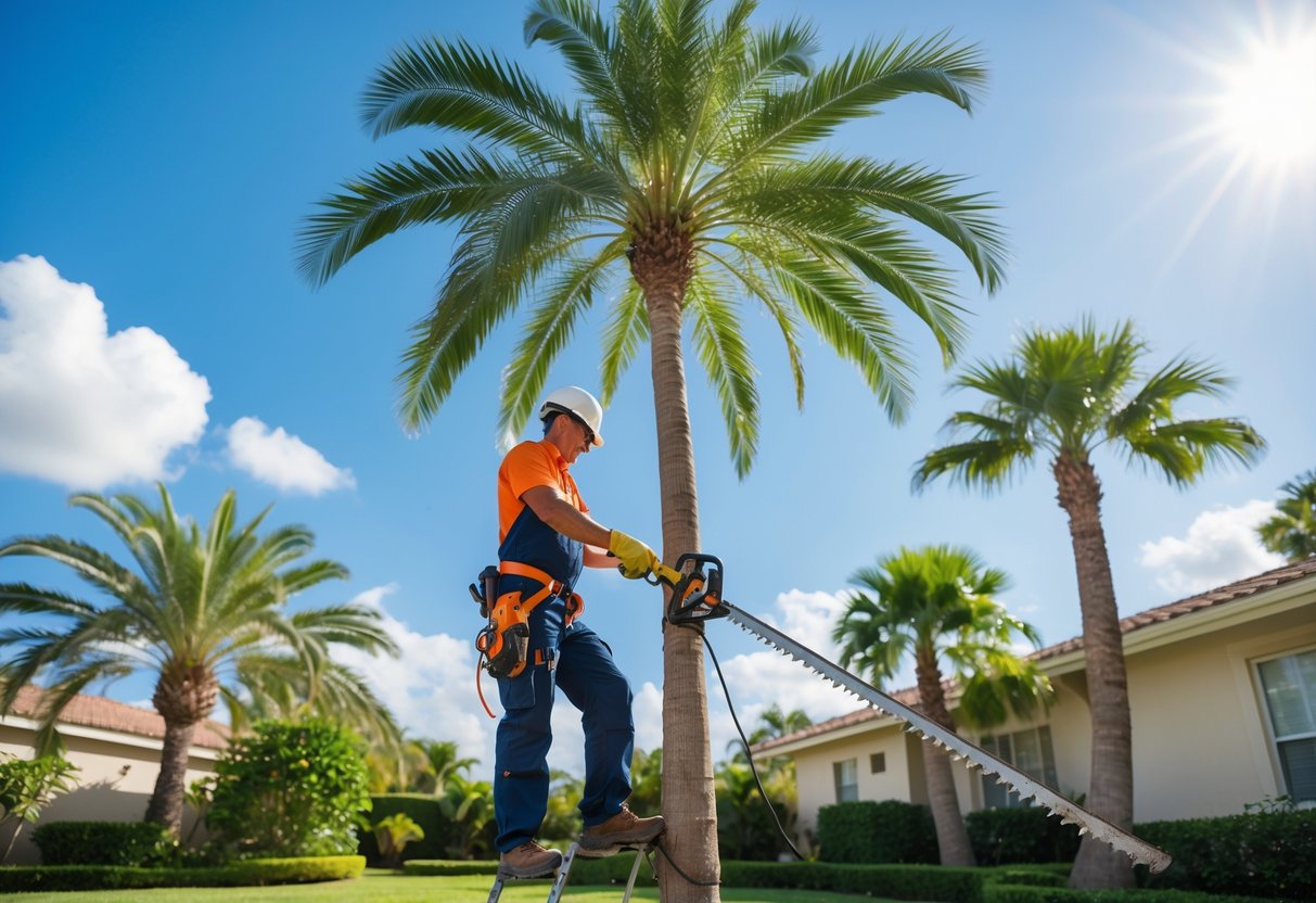 A person trimming a tall palm tree with safety gear in a sunny tropical garden under a clear sky.