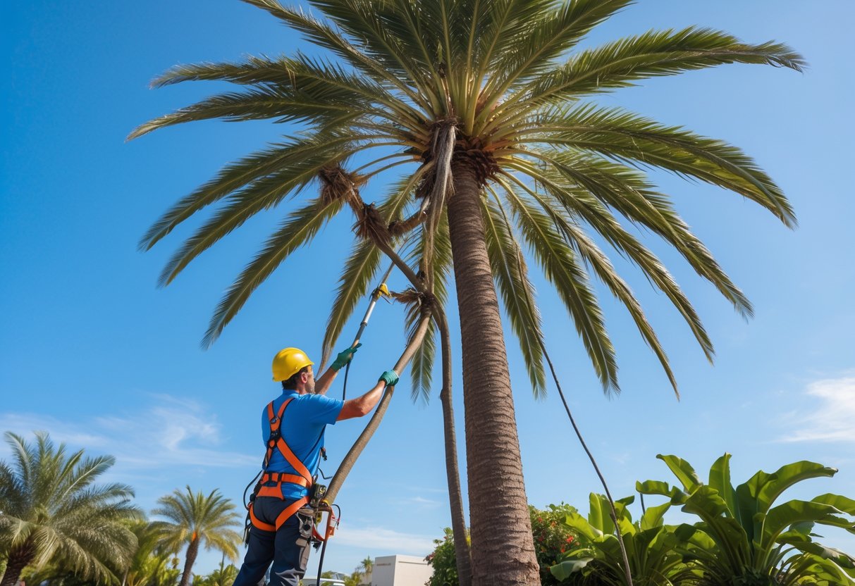 A person wearing safety gear trimming dead fronds from a tall palm tree on a sunny day in a landscaped tropical setting.