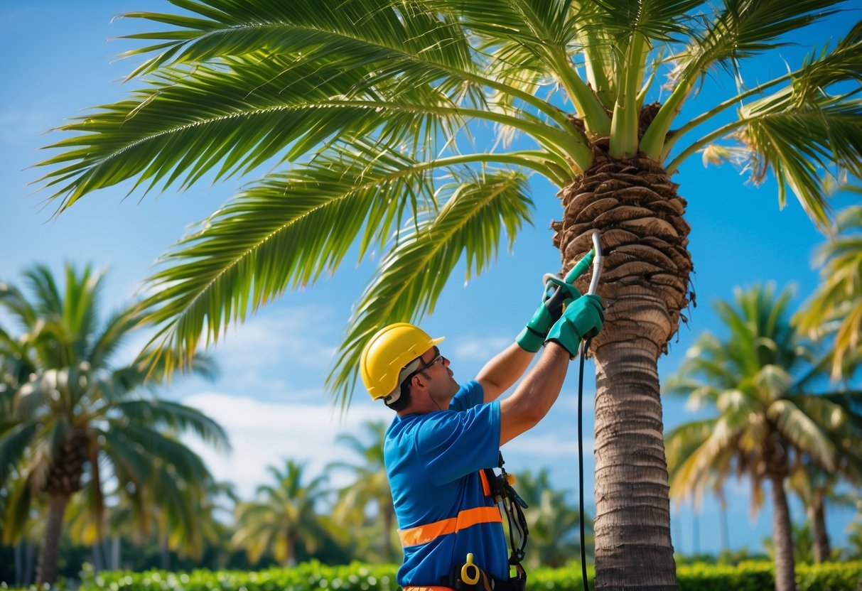 A person wearing safety gear trimming fronds from a healthy palm tree outdoors on a sunny day.