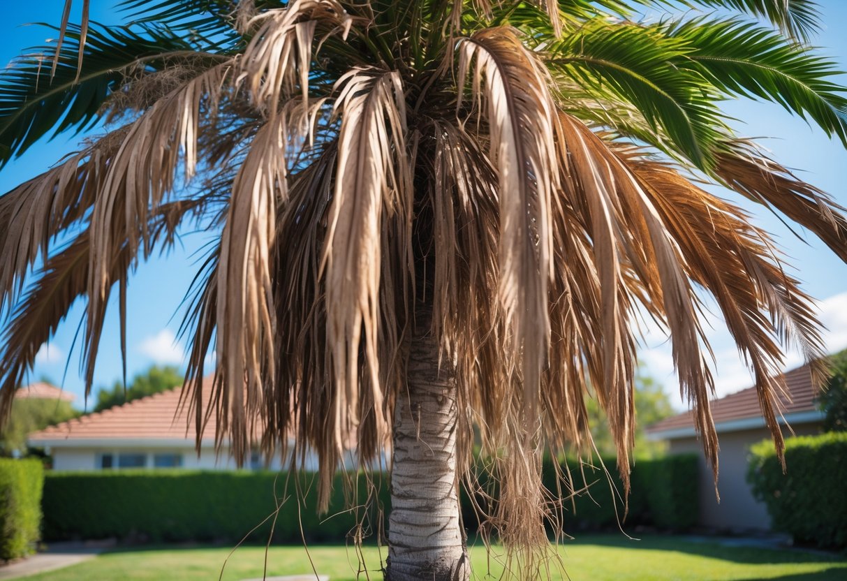 An overgrown palm tree with brown, dry fronds hanging down in a garden setting under a clear blue sky.