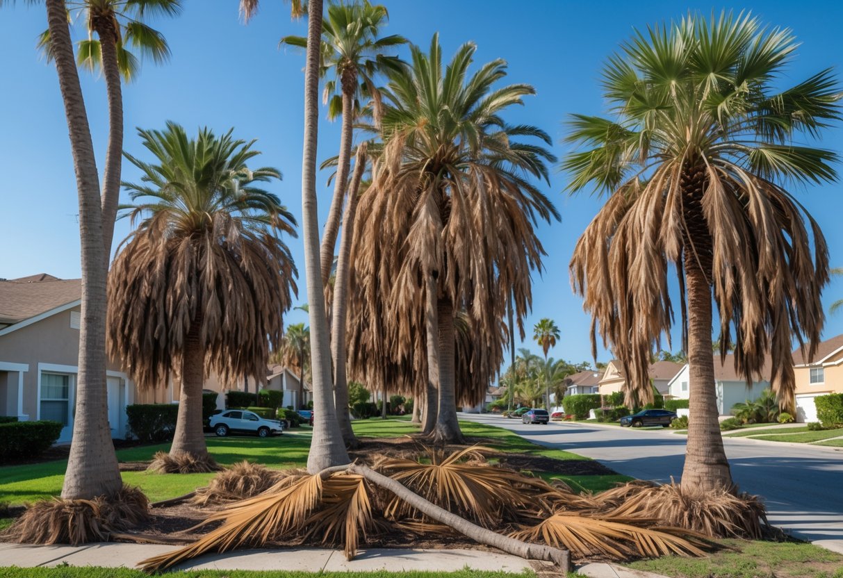A row of palm trees with overgrown dead fronds hanging down and fallen fronds on the ground in a suburban neighborhood.