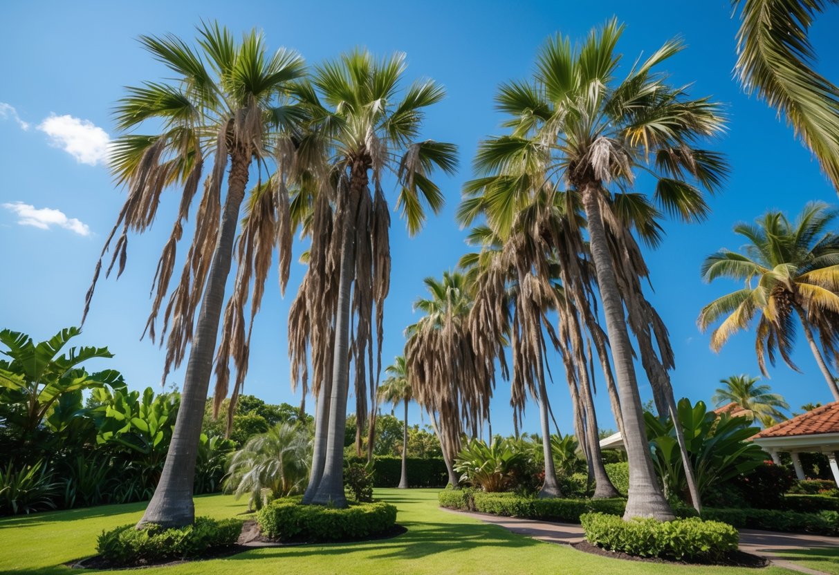 Tall palm trees with overgrown fronds and dead leaves in a sunny tropical landscape.
