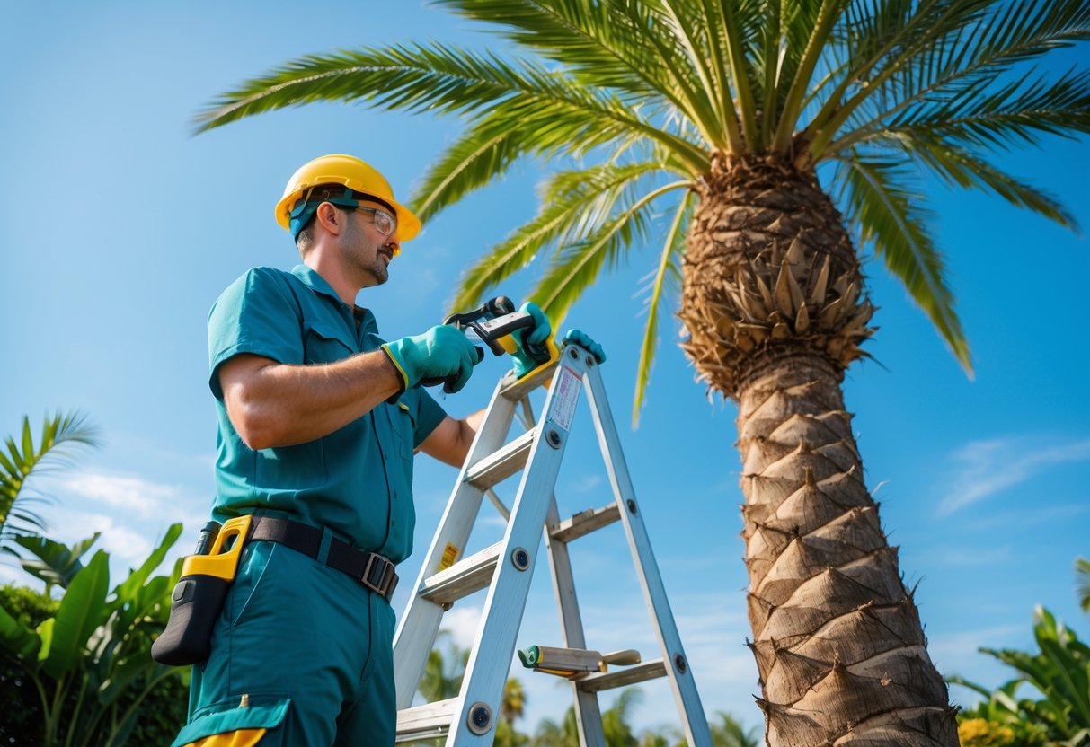 A gardener wearing safety gear prepares to trim a queen palm tree using pruning shears and a ladder in a sunny garden.