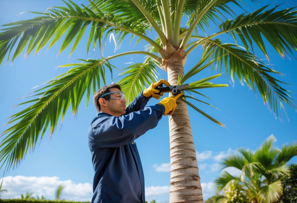 Person trimming a Queen Palm tree with pruning shears in a sunny garden.