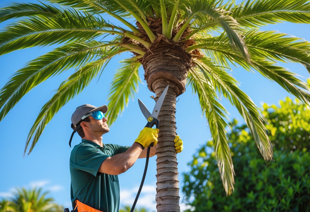 Person trimming a queen palm tree outdoors on a sunny day using pruning shears.