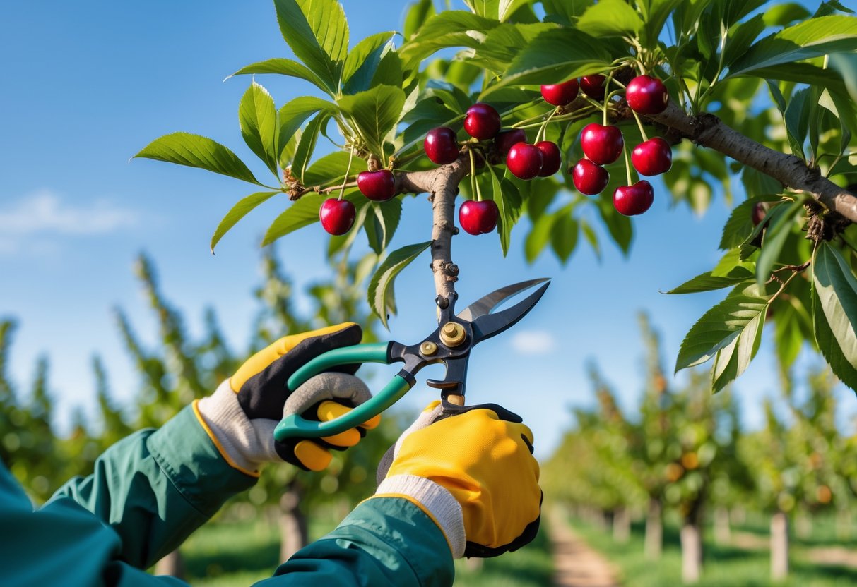 A person pruning a healthy cherry tree in an orchard using pruning shears on a sunny day.