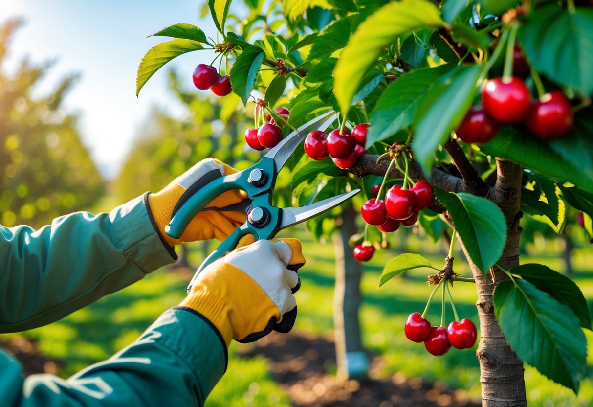 A person pruning branches on a healthy cherry tree with ripe red cherries in a sunny orchard.