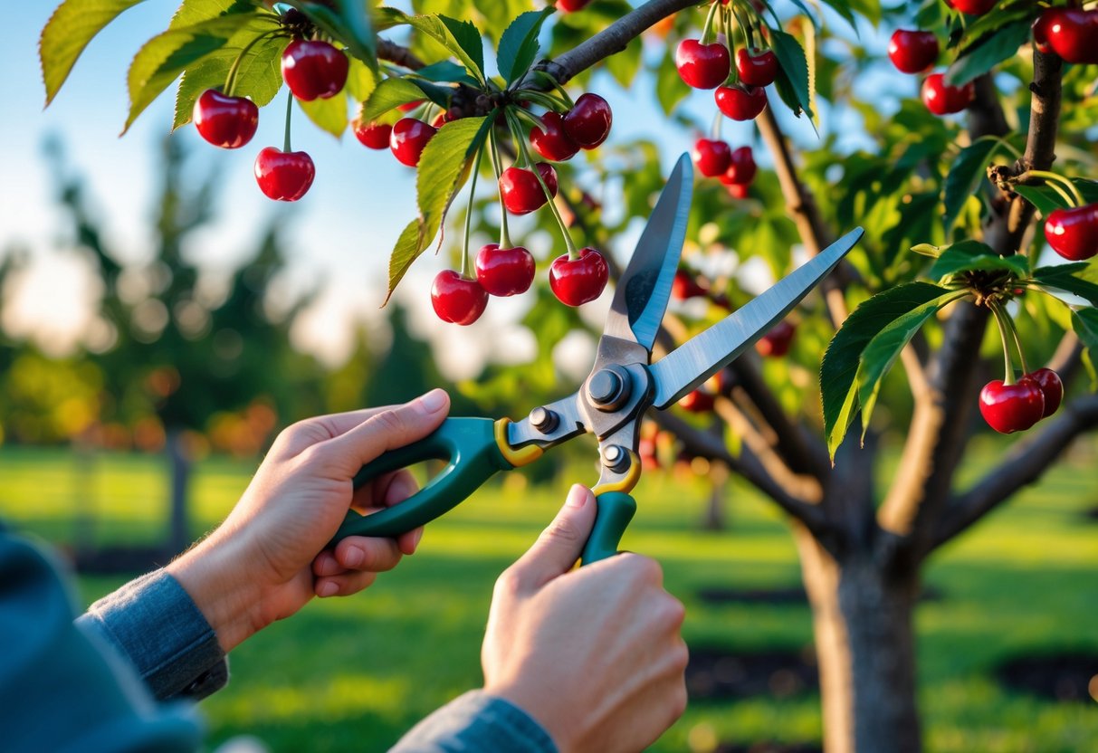 Person pruning branches of a cherry tree with ripe cherries in a sunny garden.