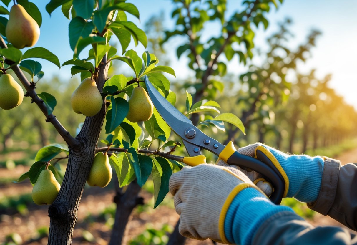 A person pruning branches of pear trees in an orchard with green leaves and small pears visible.