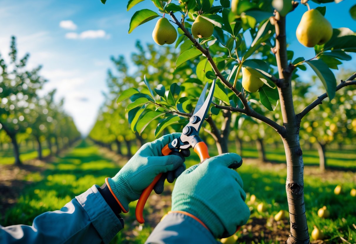 A person pruning branches of a pear tree in an orchard with green leaves and small pears on a sunny day.